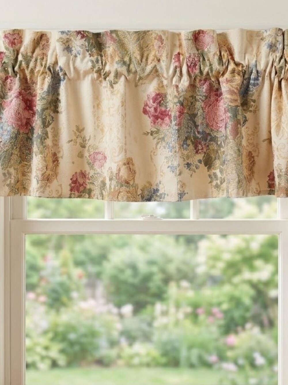 Vtg Sears Roebuck Blouson Valances Set of 4 Ivory Floral Jacquard Shabby Cottage